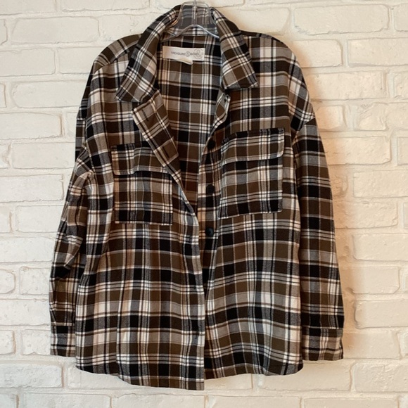 Treasure & Bond Olive, Black and Cream Plaid Shacket - M - Picture 6 of 7